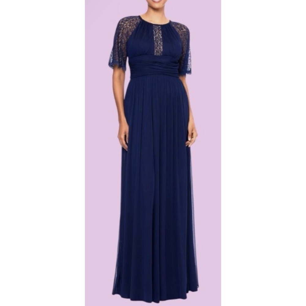 Betsy & Adam Women's Lace Trim Short-Sleeve Gown Navy Size 6 Renaissance
